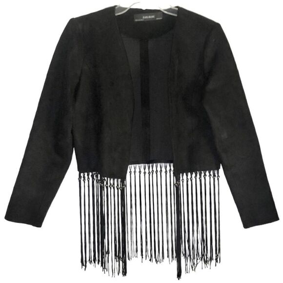Zara Faux Suede Open Front  Jacket with Beaded Fringe in Dark Black Women’s M - Picture 2 of 12